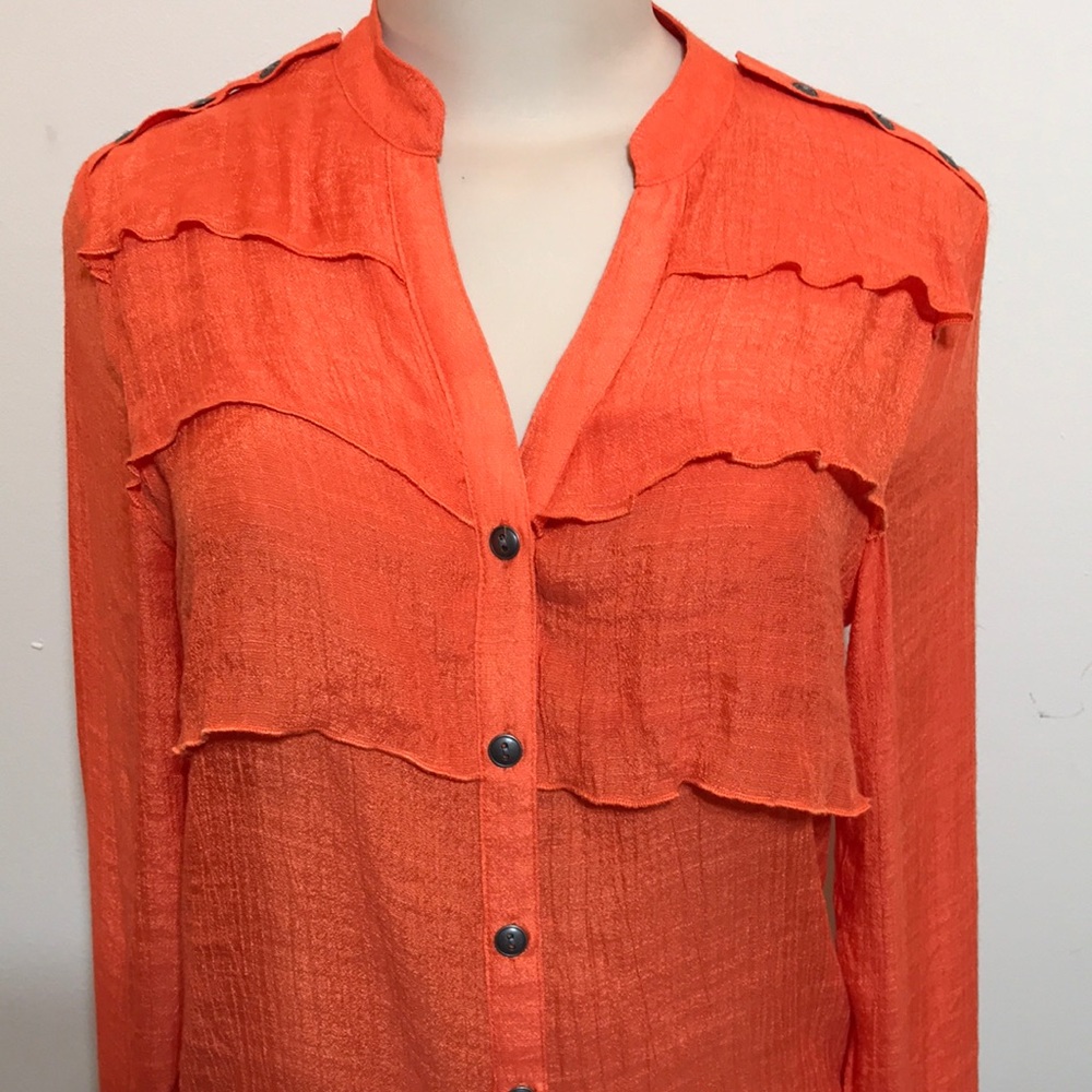 Orange Button Down Button Accent Ruffle Blouse - image 3